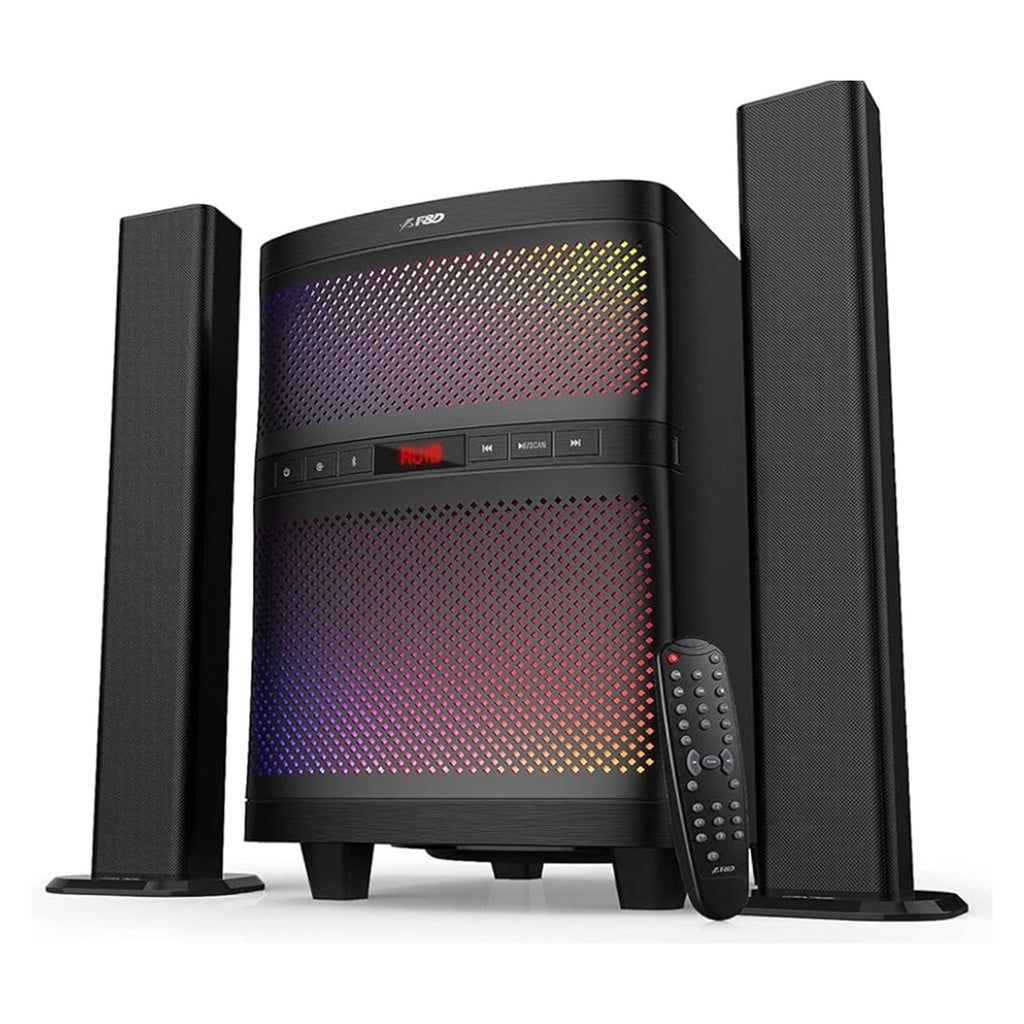 F&D Soundbar and Woofer T200X with tower speakers and remote control