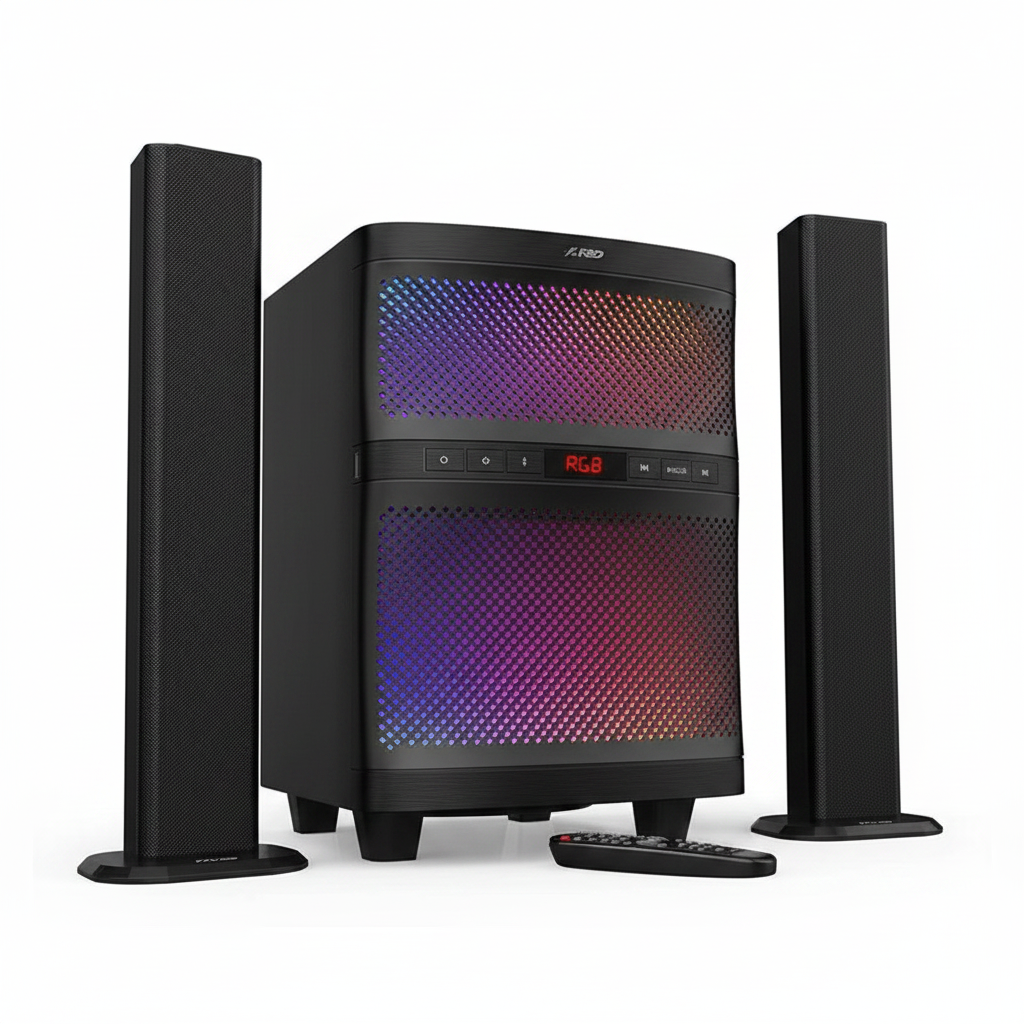 F&D Soundbar and Woofer T200X with RGB lighting and tower speakers