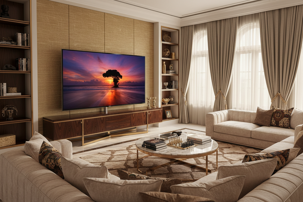 ROYAL 75 inch QLED Google TV as centrepiece in a grand luxurious living room