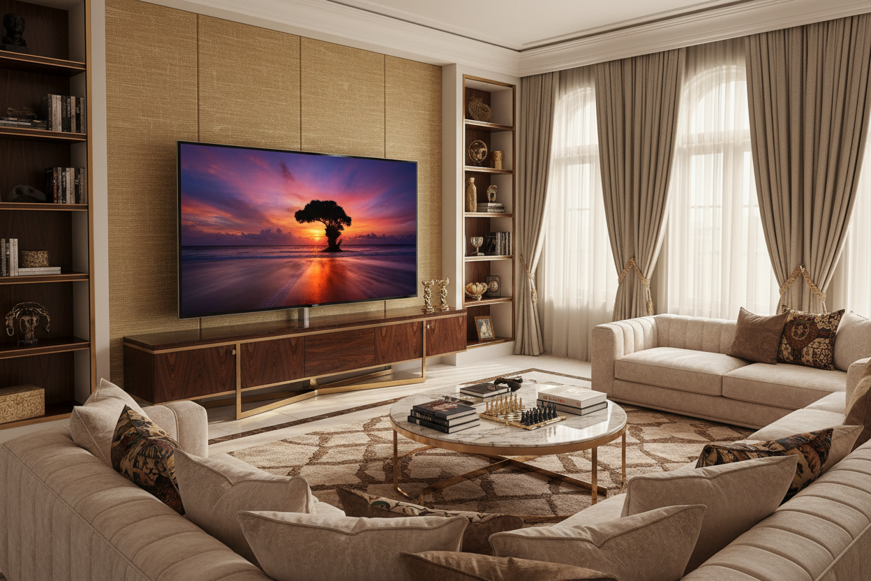 ROYAL 75 inch QLED Google TV as centrepiece in a grand luxurious living room