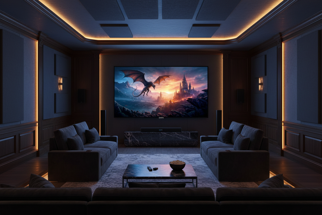 ROYAL 50 inch QLED Google TV wall-mounted in a premium home cinema setup