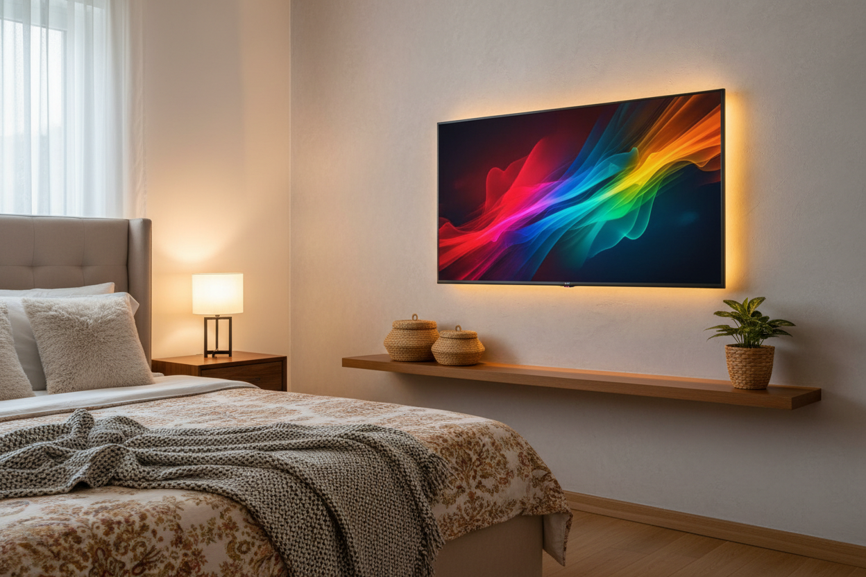 ROYAL 32 inch Android Smart TV wall-mounted in a modern bedroom