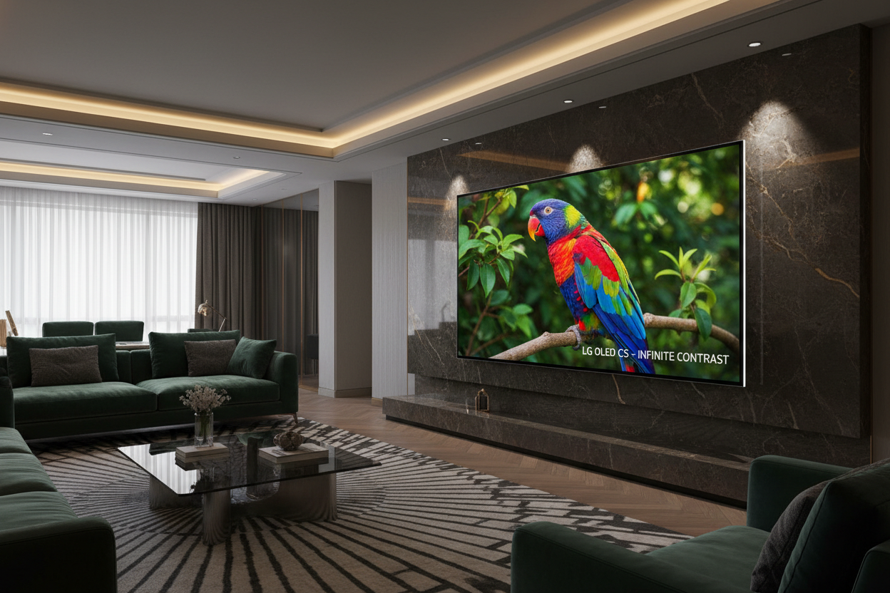 LG 83 inch OLED C5 4K Smart TV with AI Magic Remote and webOS25 mounted on wall