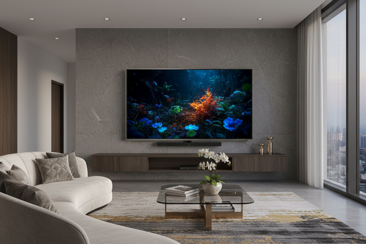 Royal 55 inch Mini LED Smart TV in a luxurious modern living room
