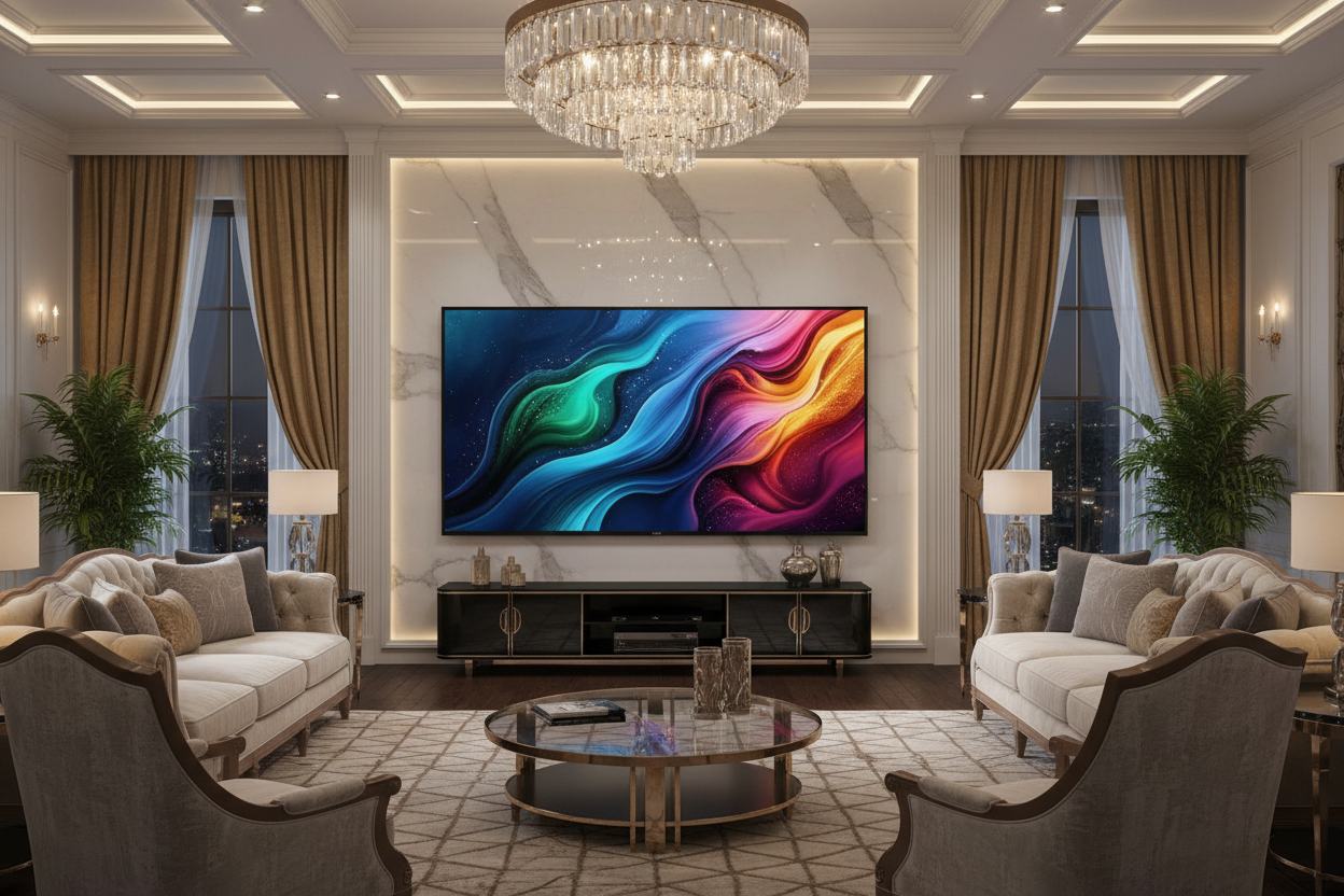 ROYAL 85 inch Google QLED TV as dominant centrepiece in a grand luxurious living room