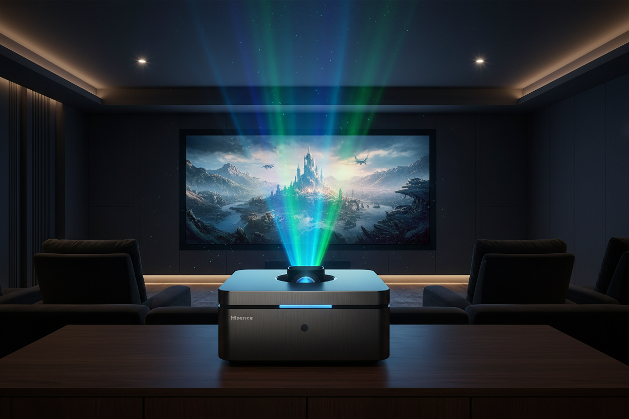 Hisense PX3 Laser Cinema TV projecting 4K image in a modern home cinema room