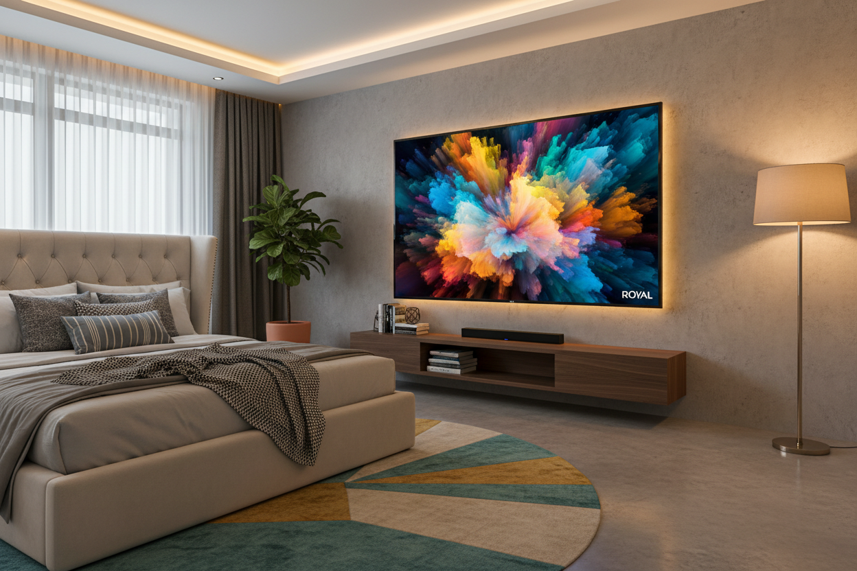 ROYAL 43 inch Android Smart TV wall-mounted in a modern bedroom