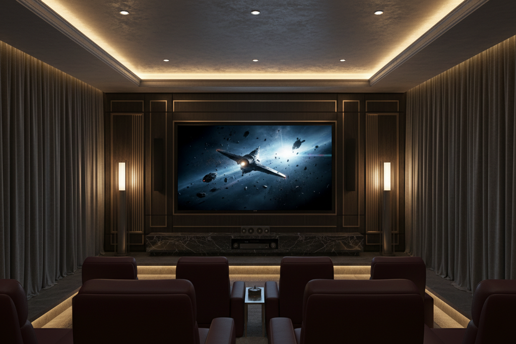 Royal 65 inch Mini LED Smart TV wall-mounted in a premium private home cinema