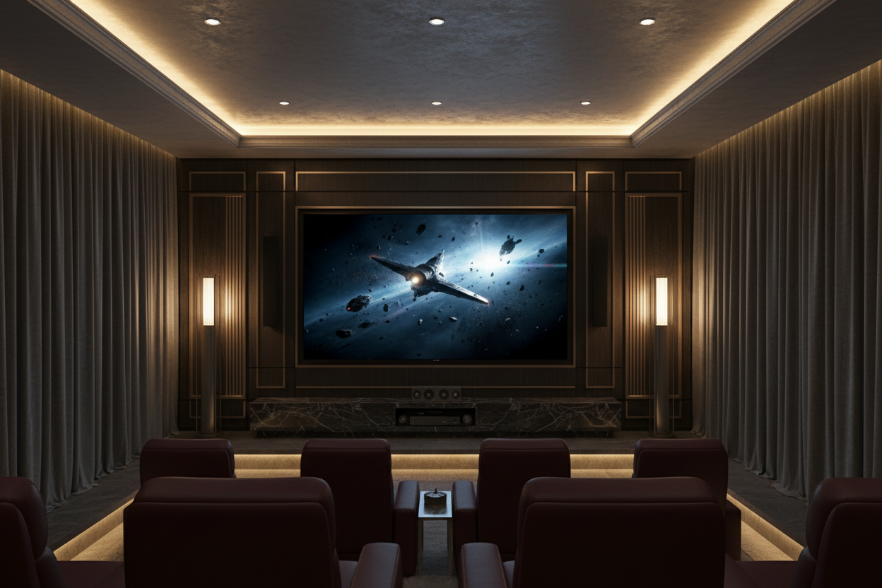 Royal 65 inch Mini LED Smart TV wall-mounted in a premium private home cinema