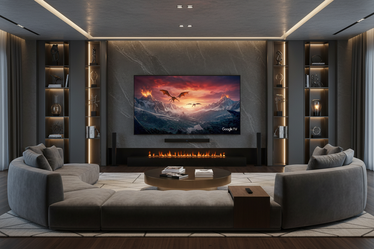 ROYAL 55 inch QLED Google TV wall-mounted in a premium entertainment room