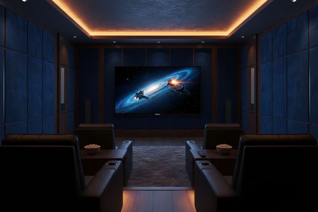 Royal 55 inch Mini LED Smart TV wall-mounted in a premium home cinema room