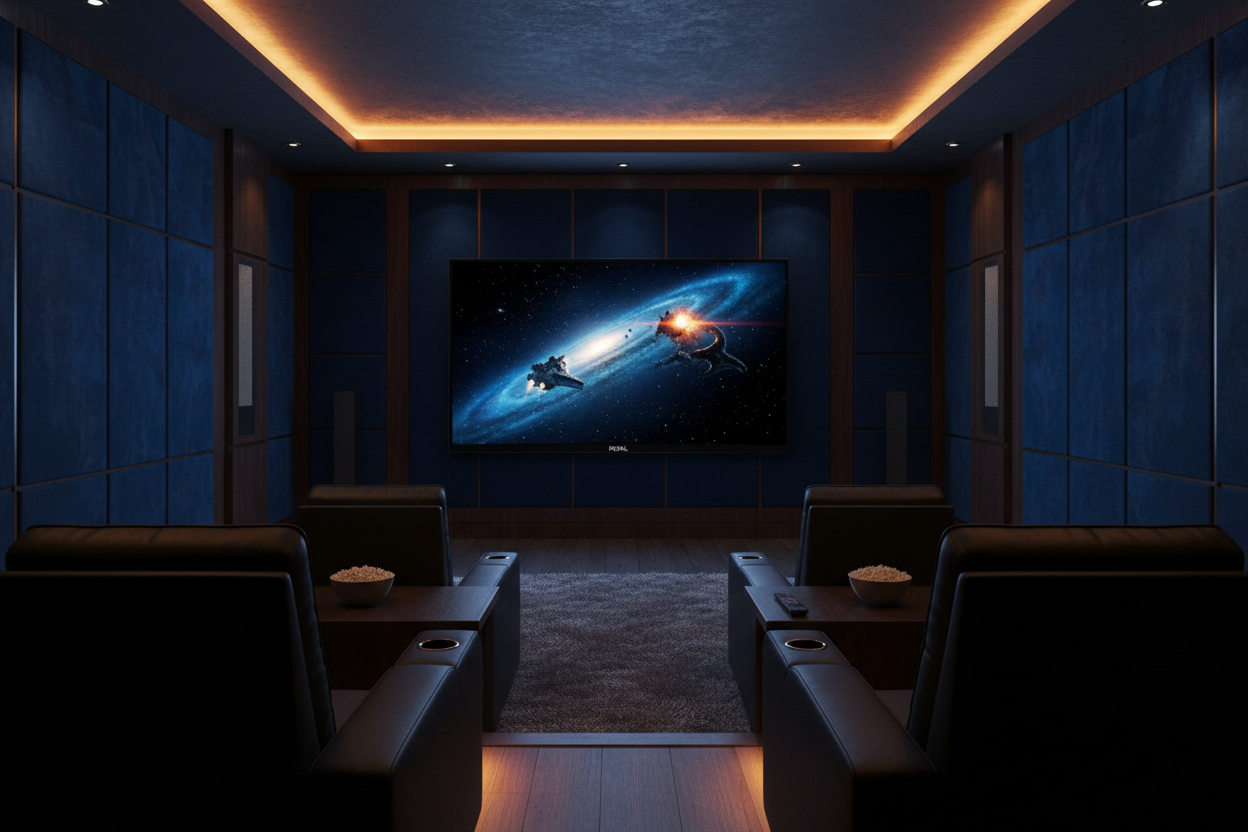 Royal 55 inch Mini LED Smart TV wall-mounted in a premium home cinema room