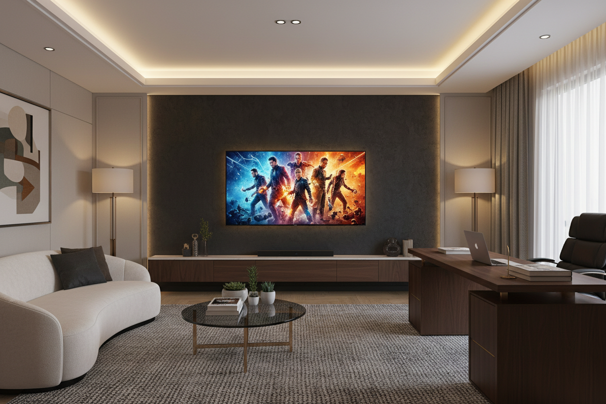 Royal 43 inch FHD Smart TV wall-mounted in a stylish entertainment room