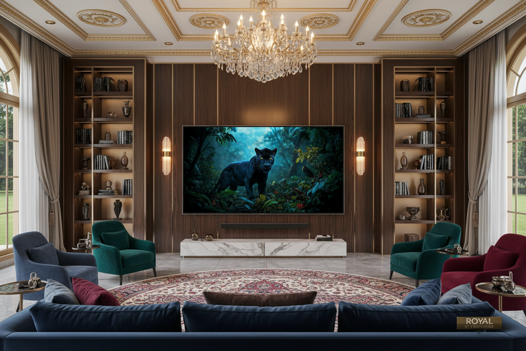 Royal 65 inch Mini LED Smart TV in a grand luxurious living room