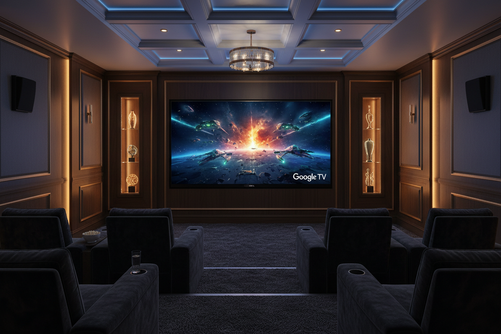 ROYAL 75 inch QLED Google TV wall-mounted in a premium private home cinema