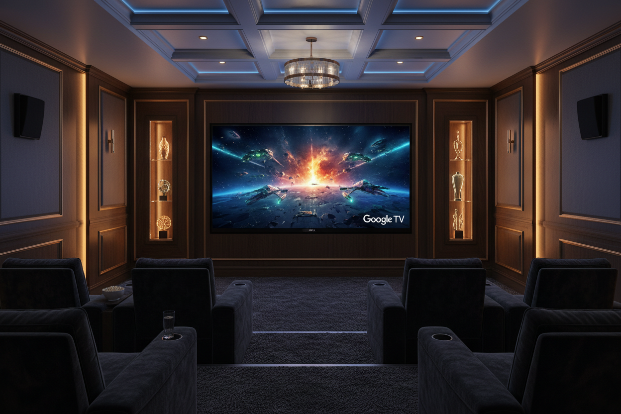ROYAL 75 inch QLED Google TV wall-mounted in a premium private home cinema