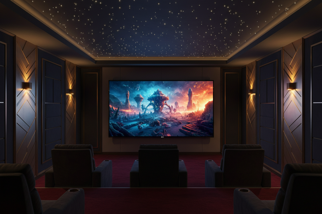ROYAL 85 inch Google QLED TV wall-mounted in a premium private home cinema