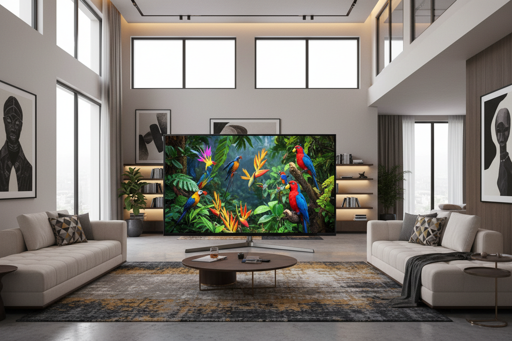 ROYAL 50 inch QLED Google TV in a luxurious modern living room